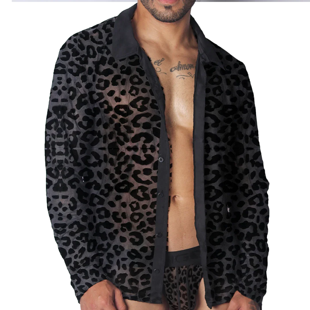 Black sheer leopard print button-down shirt with a classic collar and long sleeves.