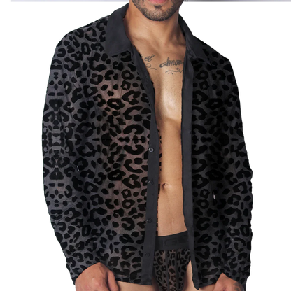 Black sheer leopard print button-down shirt with a classic collar and long sleeves.