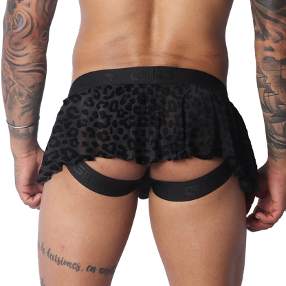 Black leopard-print sheer pleated plush skirt with a thick branded elastic waistband and open-back jockstrap design.