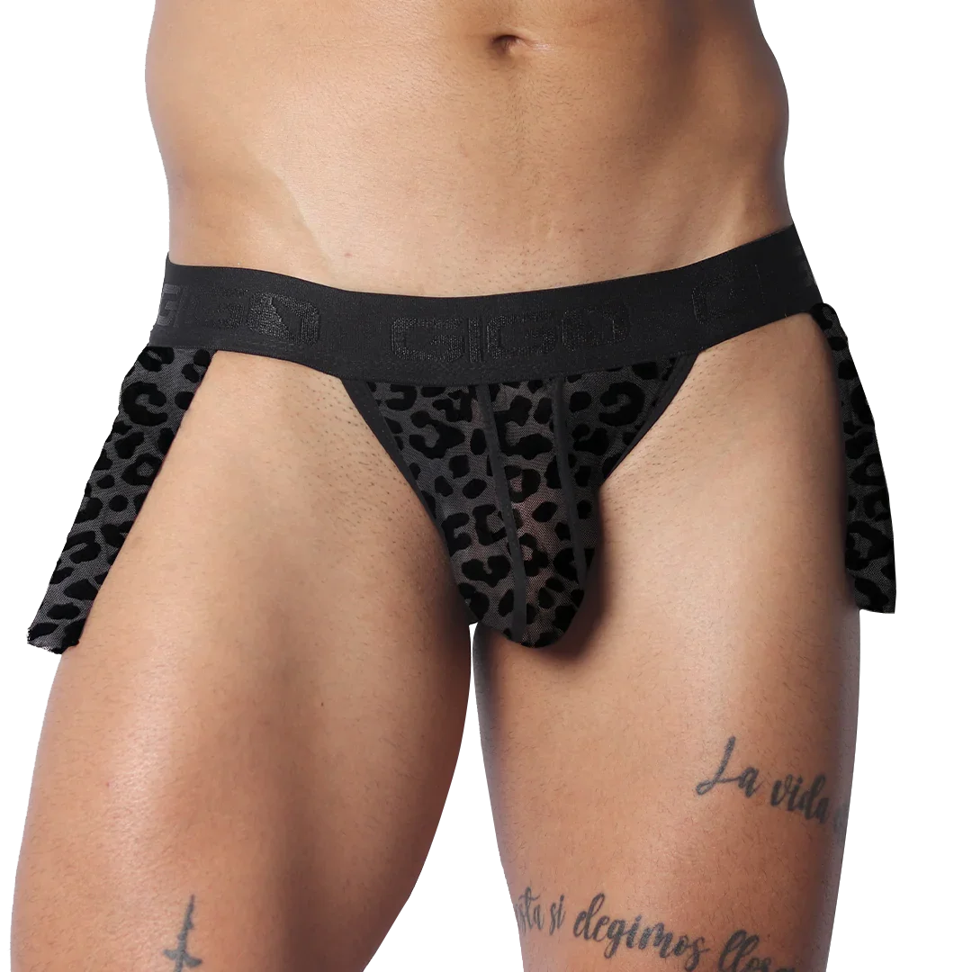 Black sheer leopard print Gigo plush skirt with a branded elastic waistband and side panels.