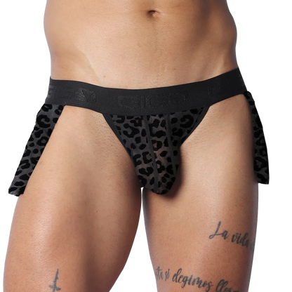 Black sheer leopard print Gigo plush skirt with a branded elastic waistband and side panels.