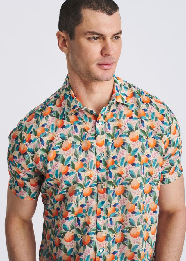 POSTMARC Orange Print S/S Linen Tencel Shirt - Orange/Teal Fruits