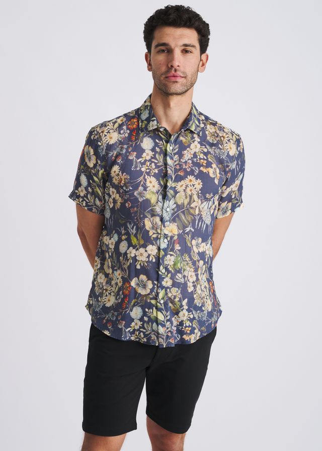 Chemise homme à manches courtes POSTMARC en lin et Tencel, imprimé fleurs - Bleu marine/Seacrest