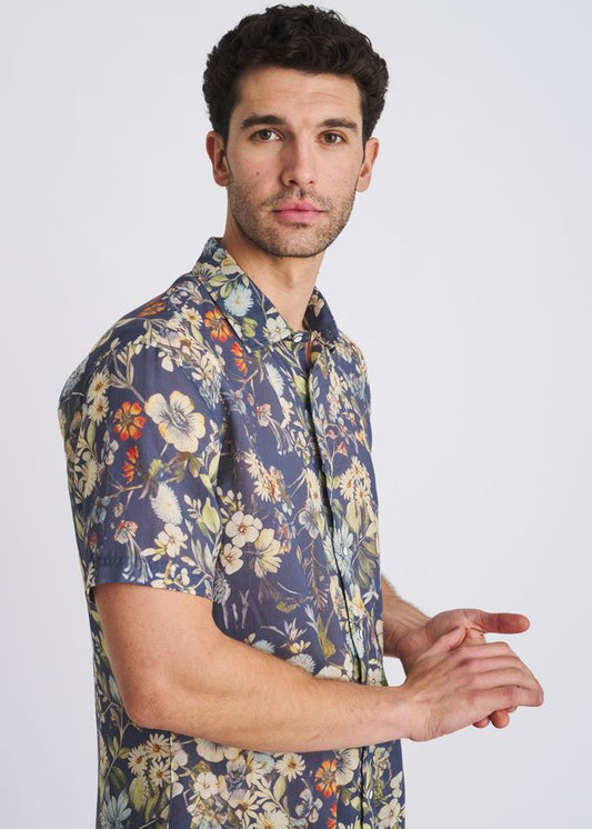 POSTMARC Herren Kurzarm-Leinen-Tencel-Hemd mit Blumenmuster – Navy/Seacrest
