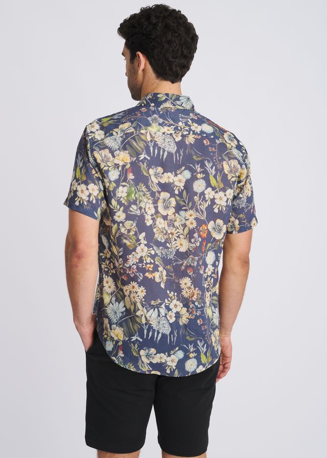 Chemise homme à manches courtes POSTMARC en lin et Tencel, imprimé fleurs - Bleu marine/Seacrest