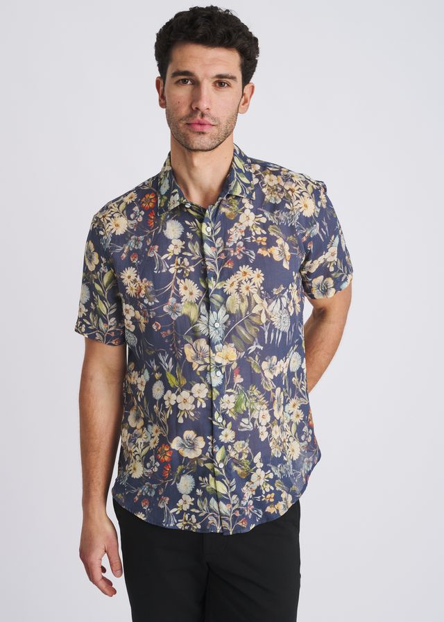 Chemise homme à manches courtes POSTMARC en lin et Tencel, imprimé fleurs - Bleu marine/Seacrest
