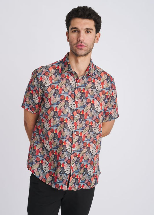 POSTMARC Herren Kurzarm-Hemd aus Leinen-Tencel mit Blätter-Print – Marine/Salbei-Blätter