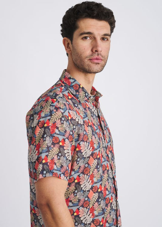 POSTMARC Herren Kurzarm-Hemd aus Leinen-Tencel mit Blätter-Print – Marine/Salbei-Blätter
