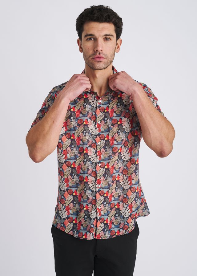 POSTMARC Men's Leaves Print S/S Linen Tencel Shirt - Navy/Sage Leaves