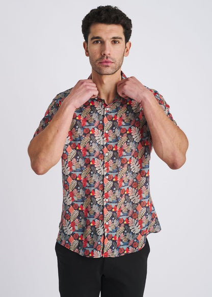 POSTMARC Men's Leaves Print S/S Linen Tencel Shirt - Navy/Sage Leaves