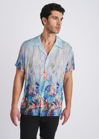 POSTMARC Floral Border Print S/S Modal Shirt - Cobalt/Turquoise Floral