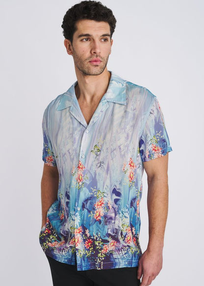 POSTMARC Floral Border Print S/S Modal Shirt - Cobalt/Turquoise Floral