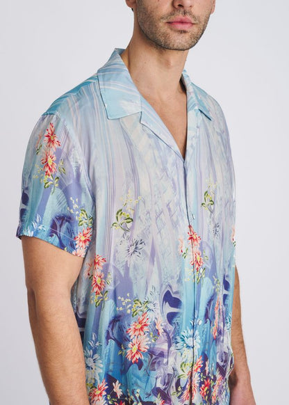 POSTMARC Floral Border Print S/S Modal Shirt - Cobalt/Turquoise Floral