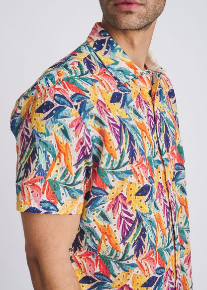 POSTMARC Rainbow Leaves Printed Eyelet S/S Shirt - Rainbow