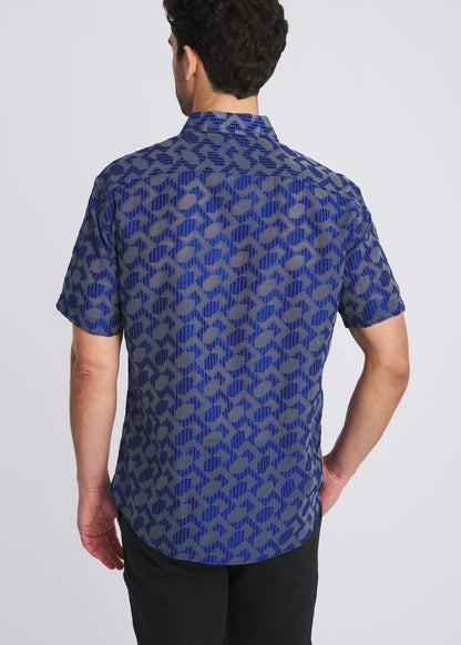 POSTMARC Herren Rhombus leichtes Jacquard-Kurzarmhemd - Marineblau