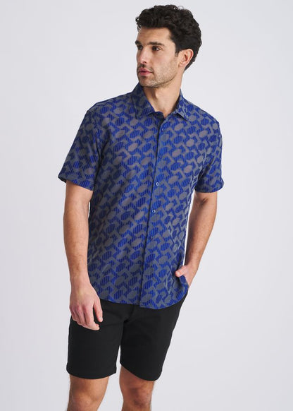 POSTMARC Herren Rhombus leichtes Jacquard-Kurzarmhemd - Marineblau