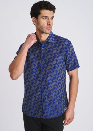POSTMARC Herren Rhombus leichtes Jacquard-Kurzarmhemd - Marineblau