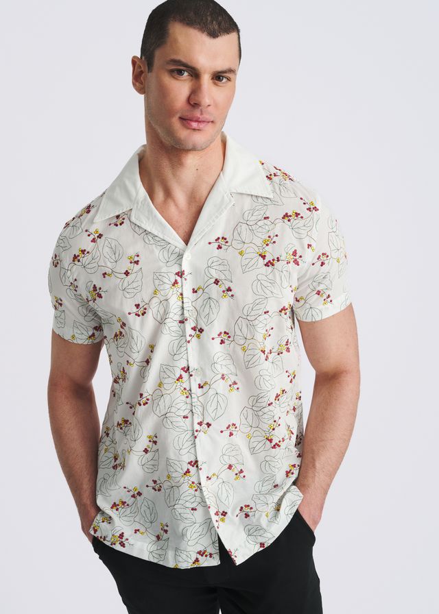 POSTMARC Floral Embroidered Border S/S Shirt -White/Merlot Vines
