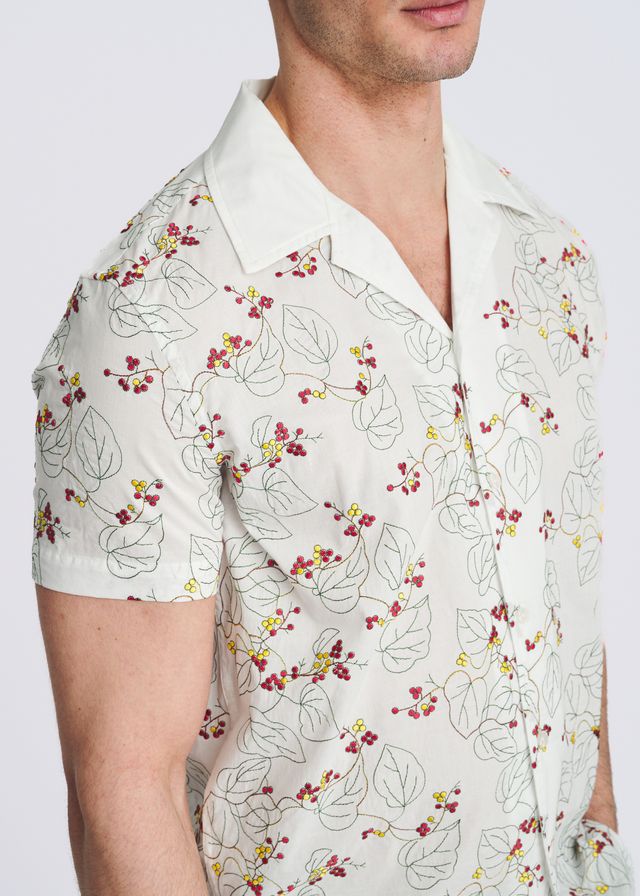 POSTMARC Floral Embroidered Border S/S Shirt -White/Merlot Vines