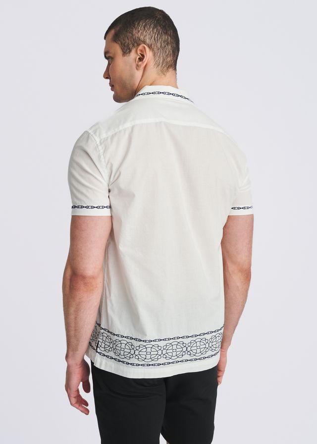 POSTMARC Medallion Embroidered Border S/S Shirt - White/Cobalt