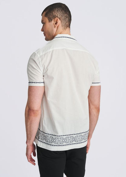 POSTMARC Medallion Embroidered Border S/S Shirt - White/Cobalt
