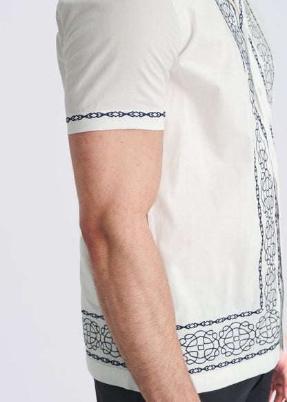 POSTMARC Medallion Embroidered Border S/S Shirt - White/Cobalt