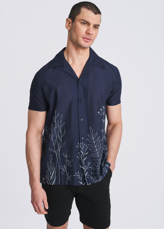 POSTMARC Embroidered Border S/S Shirt - Navy/Sky