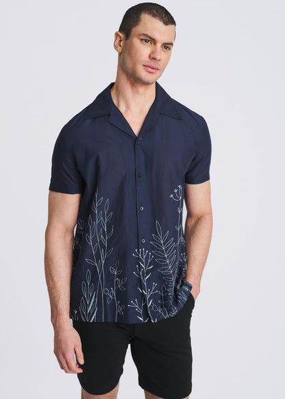 POSTMARC Embroidered Border S/S Shirt - Navy/Sky