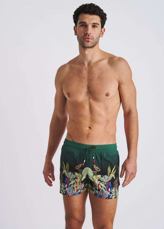 POSTMARC Fuana Print Swim Shorts W/ Mesh Lining - Emerald/Multi Fauna