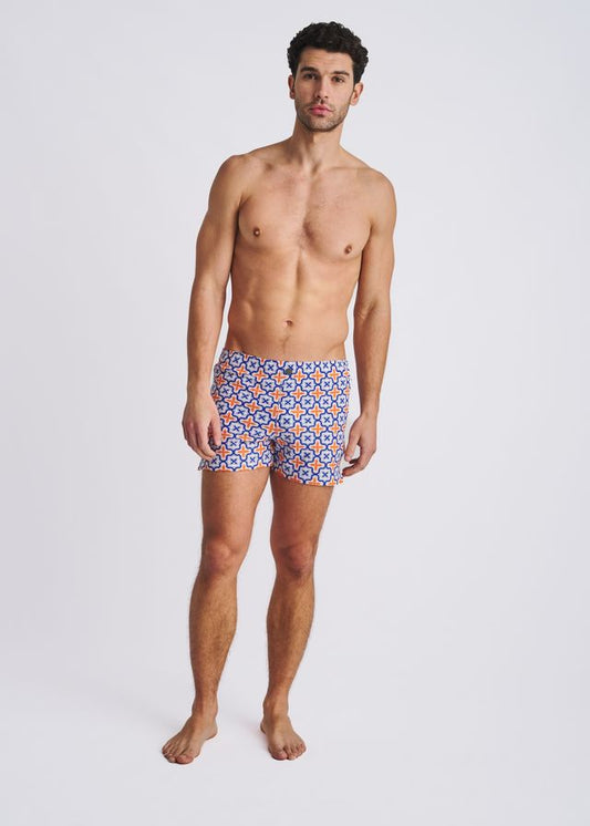 POSTMARC Tile Print Seersucker Swim Shorts W/ Mesh Lining - Navy/Orange Tiles