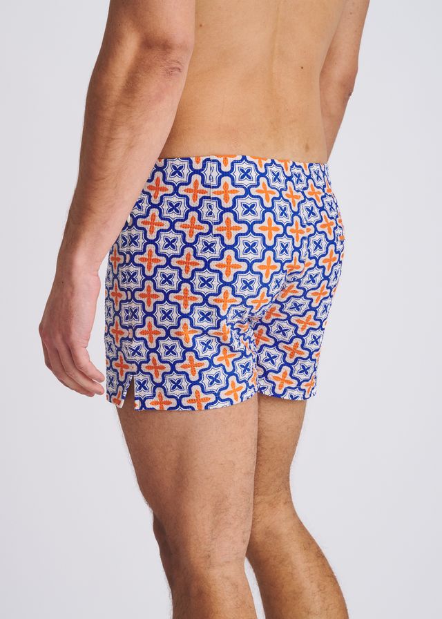 POSTMARC Tile Print Seersucker Swim Shorts W/ Mesh Lining - Navy/Orange Tiles