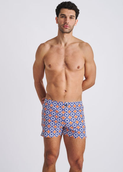 POSTMARC Tile Print Seersucker Swim Shorts W/ Mesh Lining - Navy/Orange Tiles