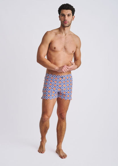 POSTMARC Tile Print Seersucker Swim Shorts W/ Mesh Lining - Navy/Orange Tiles