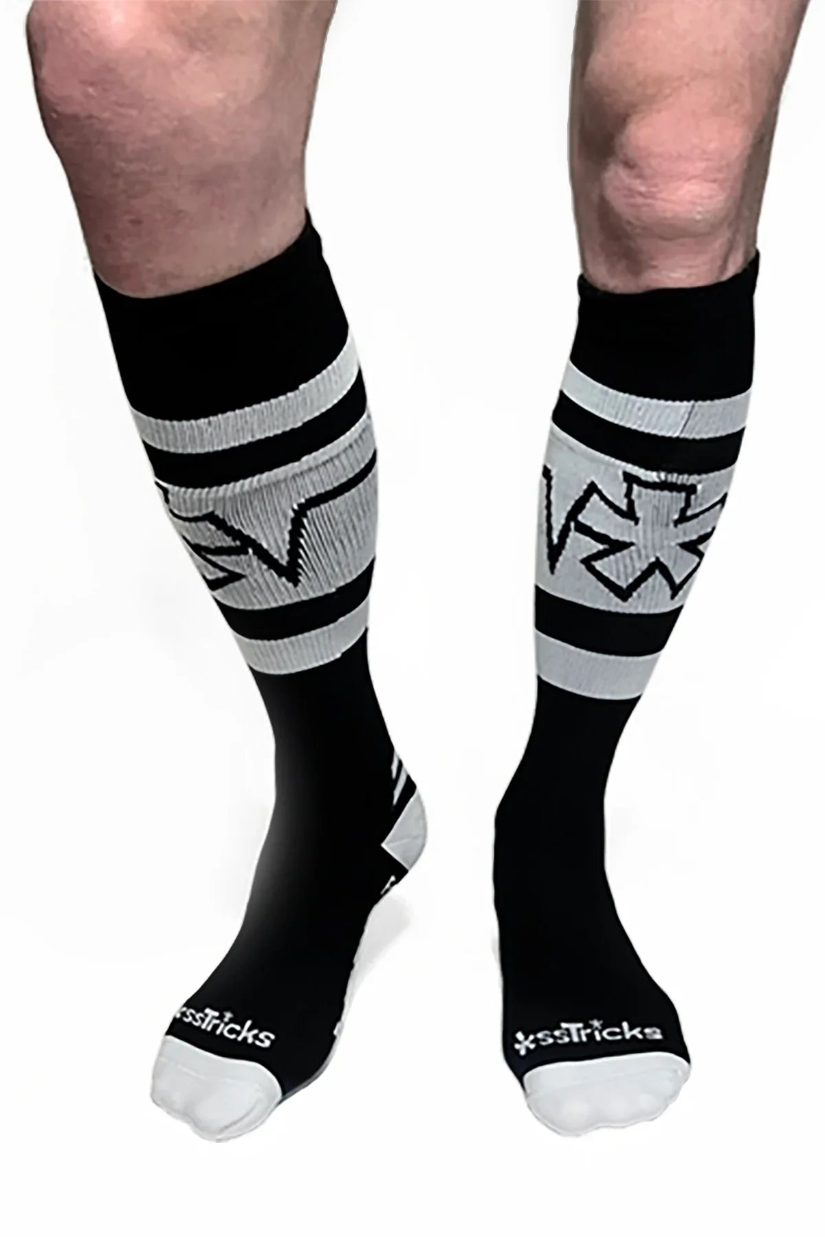 Pocket socks black and gray athletic compression socks with bold geometric logo white toe caps and ksstricks branding