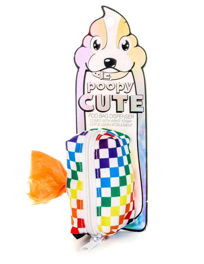 Poopy cute doggy waste bag holder in rainbow checkered pattern with wrist strap and leash attachment for easy carrying