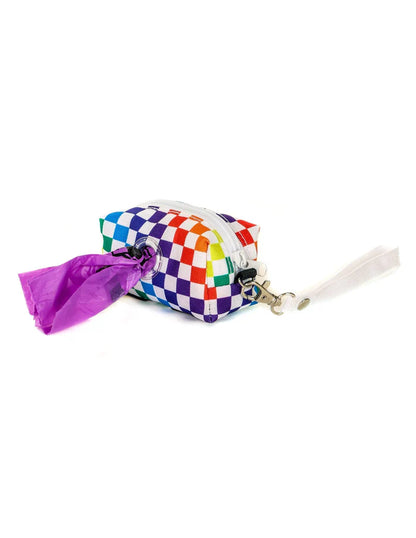 Poopy cute doggy waste bag holder with rainbow checkered dispenser, purple plastic bag, and white strap for pet waste