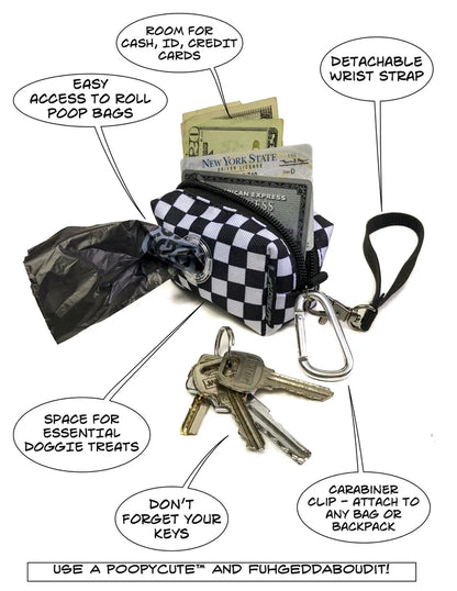 Black and white checkered poopy cute doggy waste bag holder with detachable wrist strap and carabiner clip