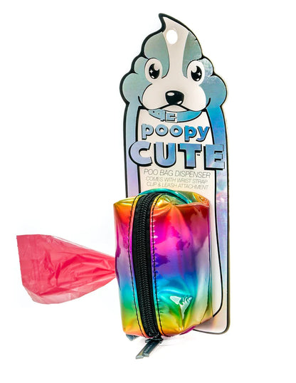 Poopy cute doggy waste bag holder rainbow holographic with black zipper and wrist strap for easy carrying