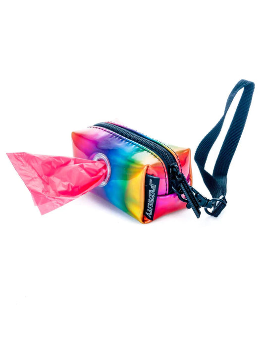 Poopy Cute doggy waste bag holder in glossy rainbow plastic with black wrist strap and zipper for pet waste disposal