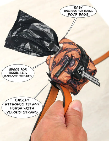 Poopy Cute doggy waste bag holder in orange and black camouflage with zipper closure for convenient pet cleanup