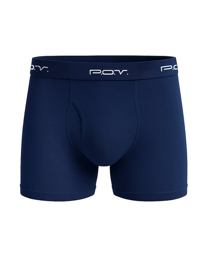 Navy blue p o v flyfront cotton boxer showcasing front view with breathable soft fabric for everyday comfort