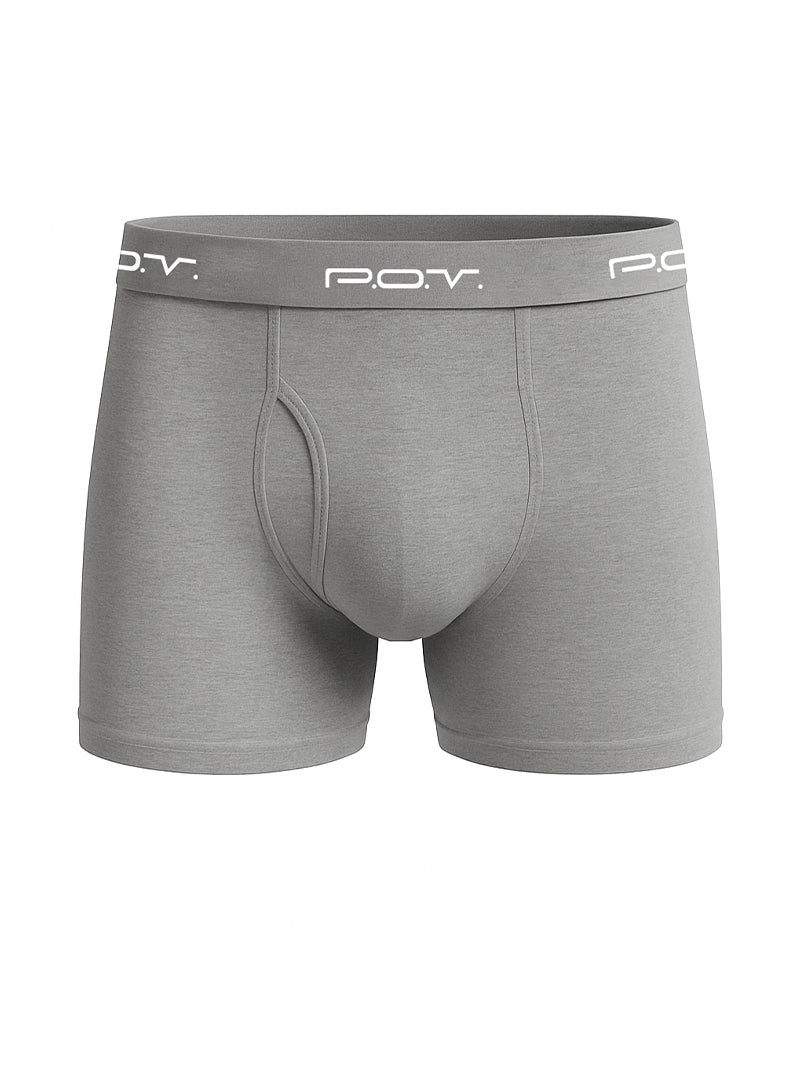Gray pov flyfront cotton boxer showing front view made of soft breathable cotton for comfortable wear