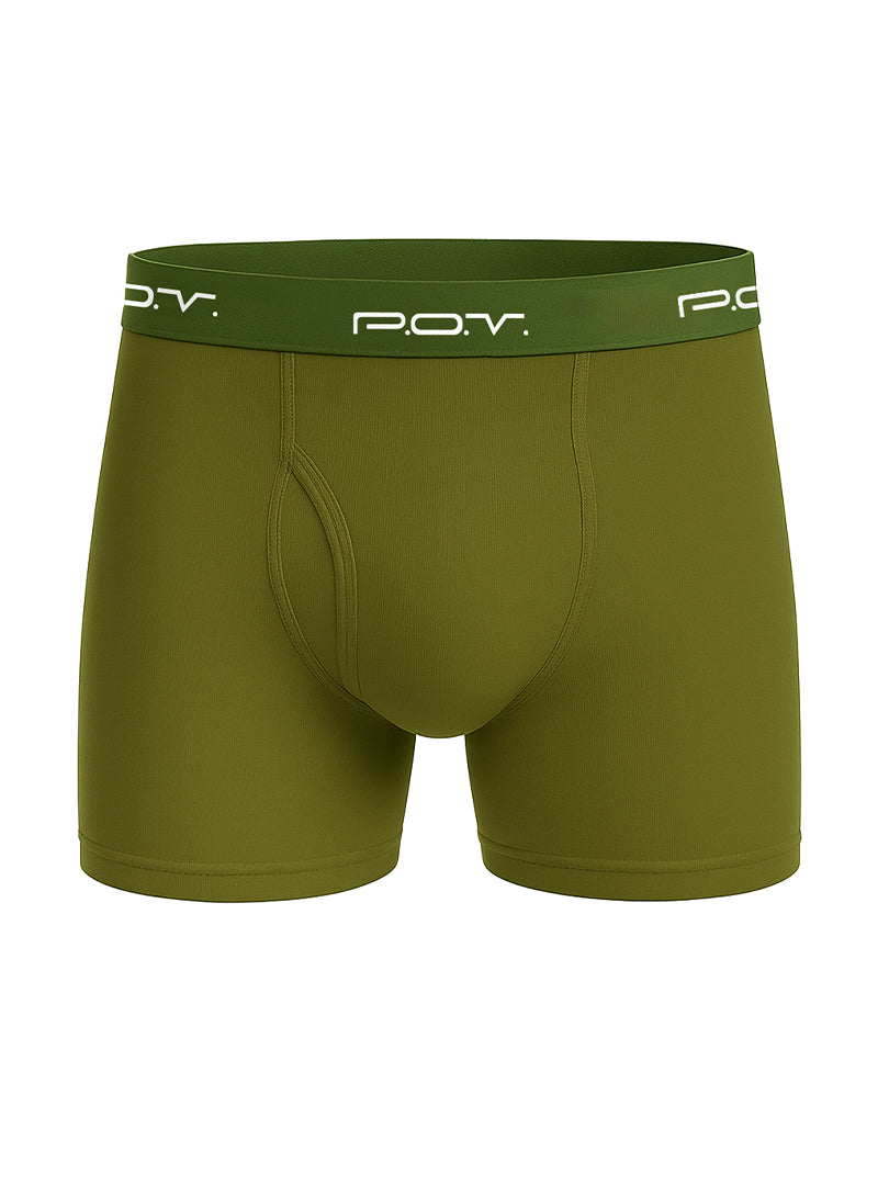 Olive green p.o.v. flyfront cotton boxer showing front view with comfortable breathable fabric and classic fit