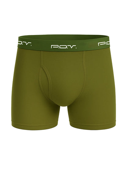 Olive green p.o.v. flyfront cotton boxer showing front view with comfortable breathable fabric and classic fit