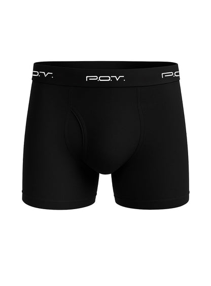 Black pov flyfront cotton boxer showing front view with breathable soft cotton fabric for everyday comfort