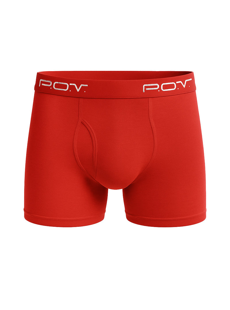 Red men’s cotton flyfront boxer briefs with white pov logo on waistband for comfortable everyday wear
