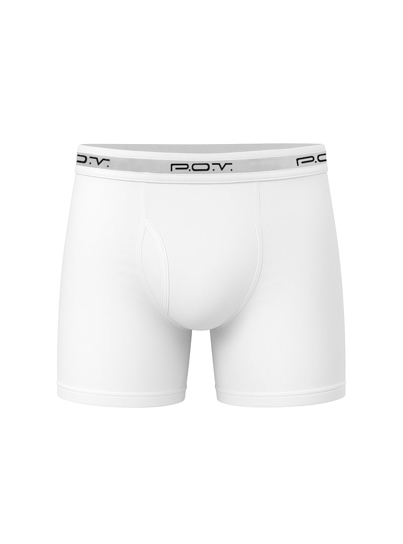 White p.o.v. flyfront cotton boxer showing front view made of soft breathable fabric for everyday comfort
