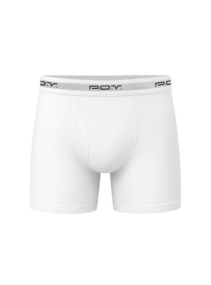 White p.o.v. flyfront cotton boxer showing front view made of soft breathable fabric for everyday comfort