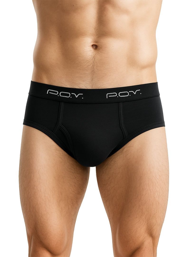 Black mens cotton briefs with sleek form-fitting design and subtle poy branding on waistband pov flyfront brief