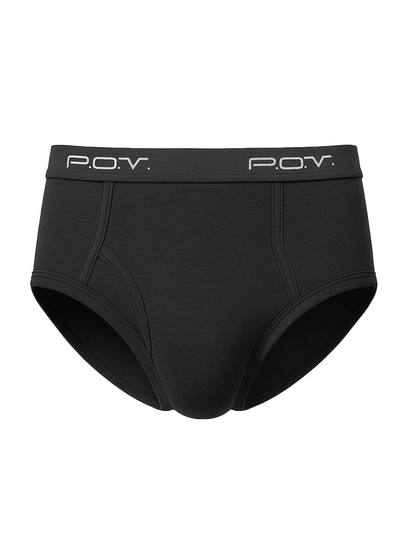 Black pov flyfront cotton brief shown from the back highlighting soft breathable fabric and comfortable fit